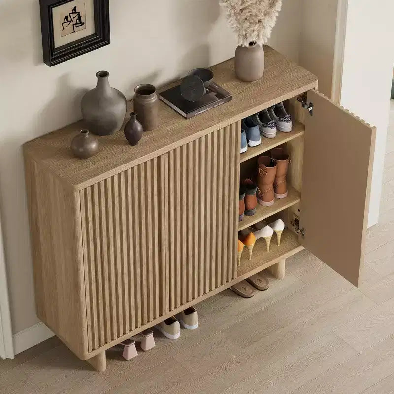 Meuble à chaussures rustique à 5 niveaux avec portes cannelées, banc de rangement autoportant en bois de 117 cm avec étagères réglables pour entrée et placard