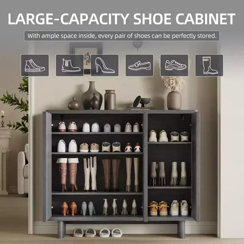 5-Tier Rustic Entryway Shoe Cabinet w/ Fluted Doors, 46 Wood Freestanding Storage Organizer Bench w/ Adjustable Shelves for Hallway & Closet