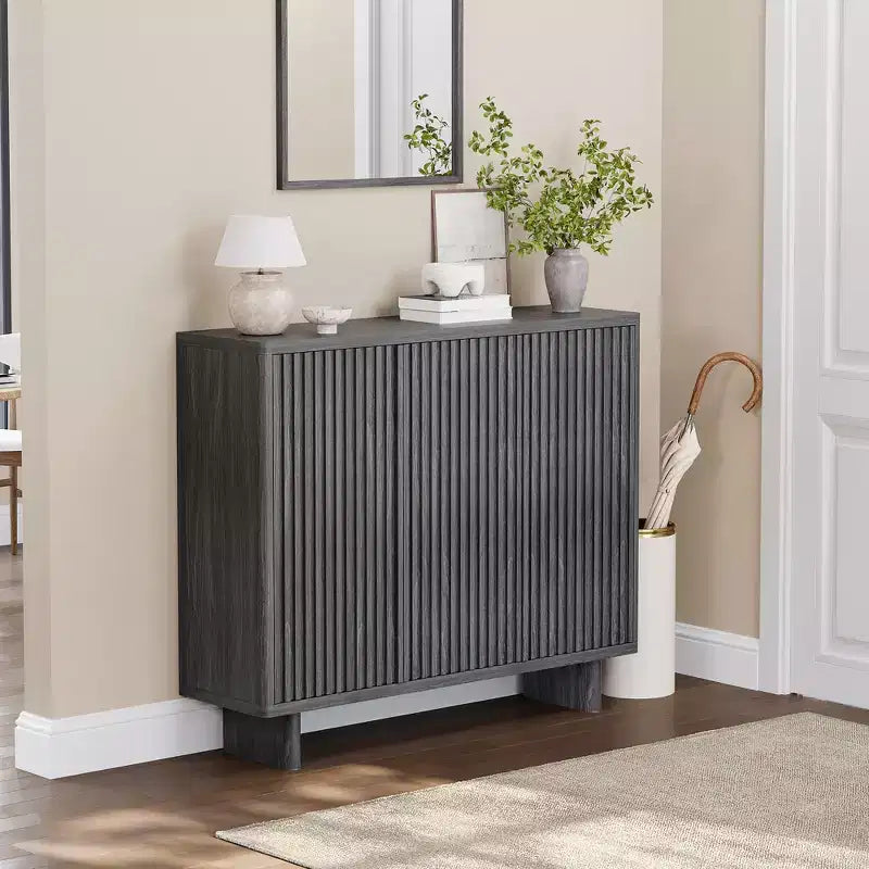 5-Tier Rustic Entryway Shoe Cabinet w/ Fluted Doors, 46 Wood Freestanding Storage Organizer Bench w/ Adjustable Shelves for Hallway & Closet