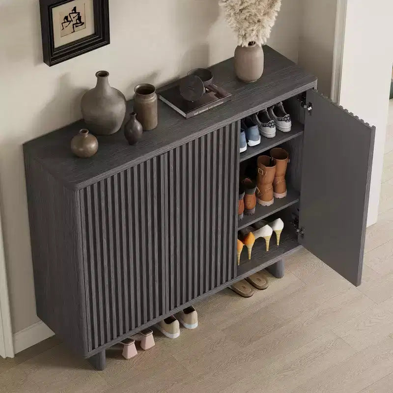 5-Tier Rustic Entryway Shoe Cabinet w/ Fluted Doors, 46 Wood Freestanding Storage Organizer Bench w/ Adjustable Shelves for Hallway & Closet