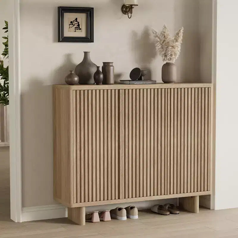 5-Tier Rustic Entryway Shoe Cabinet w/ Fluted Doors, 46 Wood Freestanding Storage Organizer Bench w/ Adjustable Shelves for Hallway & Closet