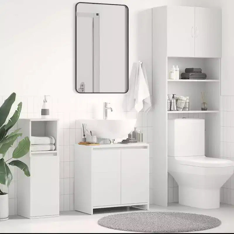 Meuble de salle de bain, bois d'ingénierie blanc, 2 portes et 1 étagère, 60 larg. x 60 haut. x 33 prof. (cm)