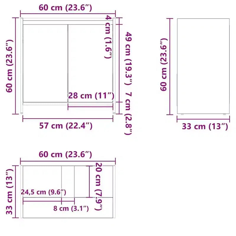 Bathroom Cabinet, White Engineered Wood, 2 Doors & 1 Shelf, 23.6W x 23.6H x 13D