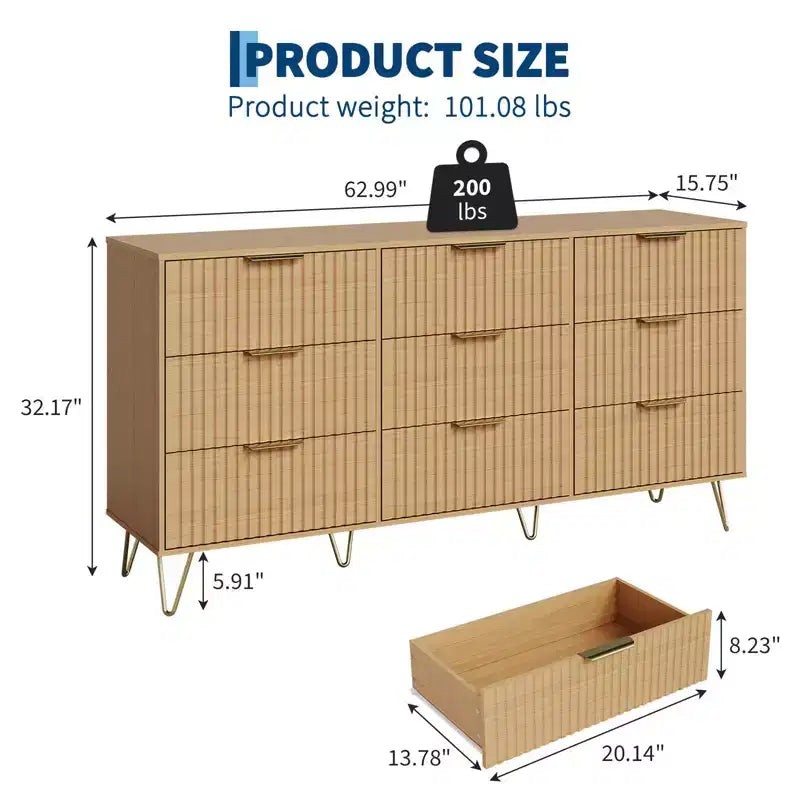 Commode cannelée pour chambre à coucher avec 9 tiroirs, commode moderne avec poignée en métal, meuble TV en bois, organisateur de rangement pour salon