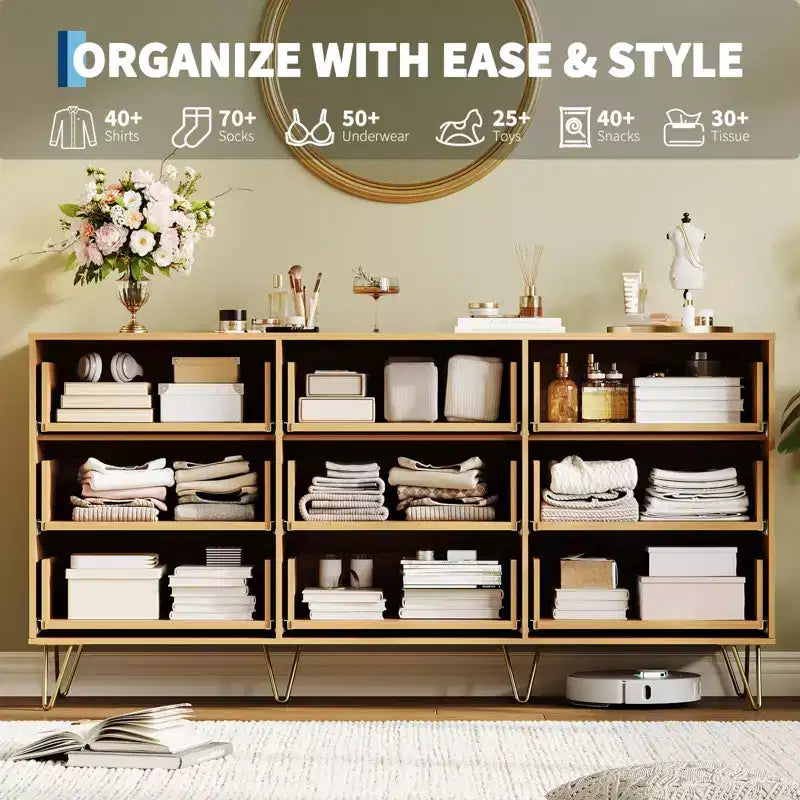 Commode cannelée pour chambre à coucher avec 9 tiroirs, commode moderne avec poignée en métal, meuble TV en bois, organisateur de rangement pour salon