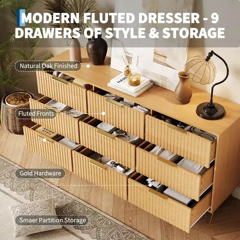 Fluted Dresser for Bedroom with 9 Drawers,Modern Chest of Drawers with Metal Handle,Wooden Dresser TV Stand, Storage Organizer for Living Room