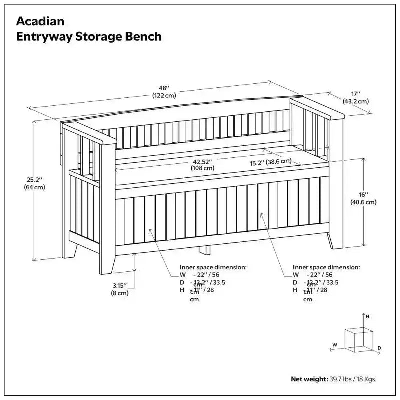 Banc de rangement d'entrée en bois massif, avec couvercle relevable, 48 po L x 25 po H, 2 places, style rustique