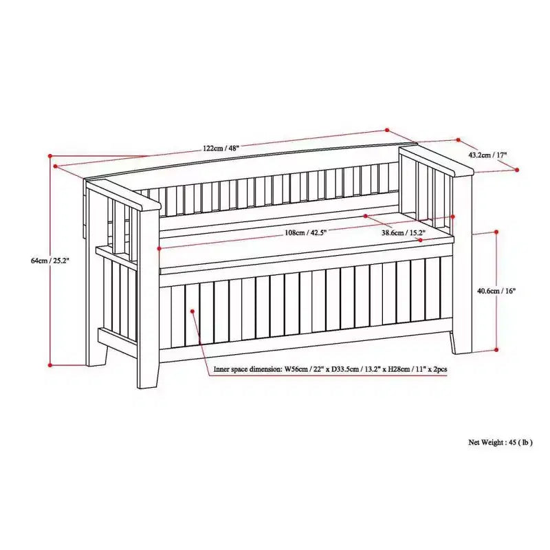 Banc de rangement d'entrée en bois massif, avec couvercle relevable, 48 po L x 25 po H, 2 places, style rustique