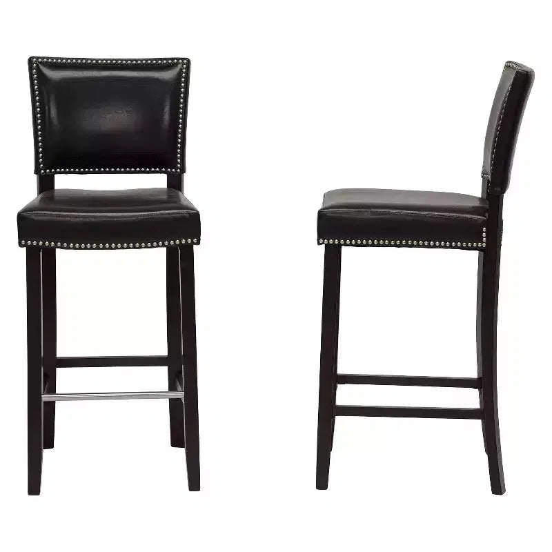 Tabourets de bar modernes (lot de 2), Clous décoratifs, Vinyle noir, Structure en bois, Hauteur d'assise 30,5 po, 250 lb