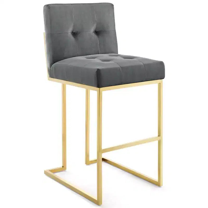 Tabouret de bar en velours de performance en acier inoxydable Privy Or/Charbon - Modway : Assise carrée rembourrée, design moderne, hauteur fixe