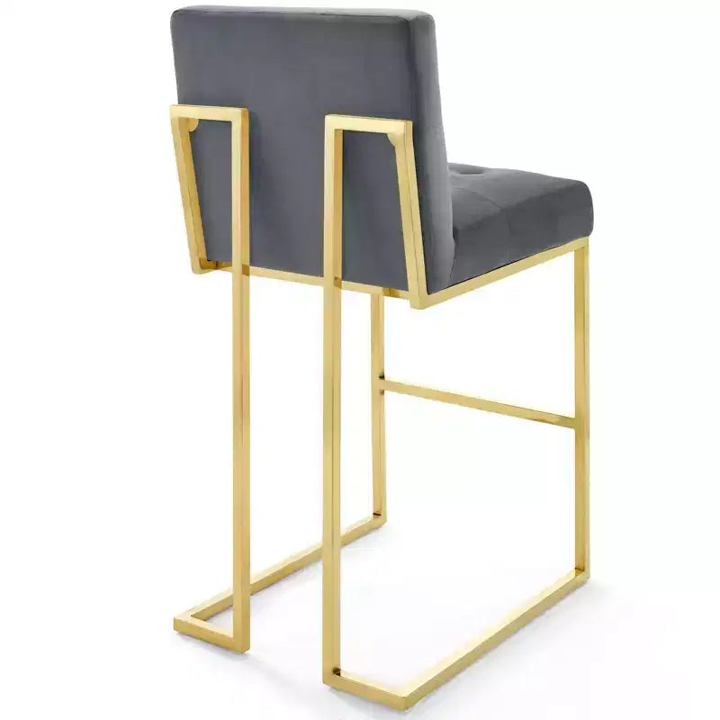 Tabouret de bar en velours de performance en acier inoxydable Privy Or/Charbon - Modway : Assise carrée rembourrée, design moderne, hauteur fixe