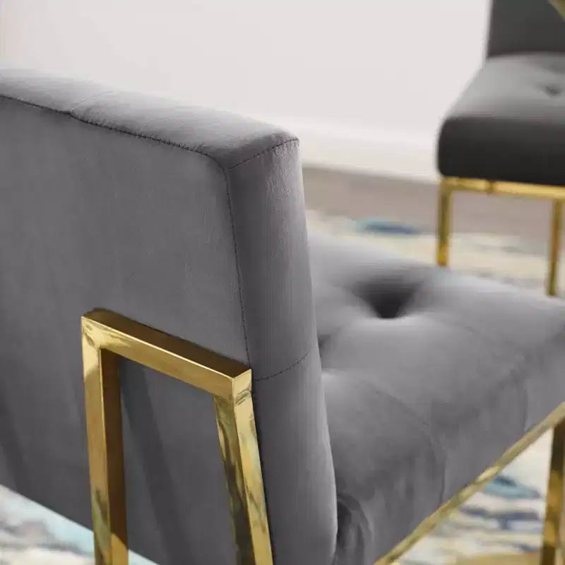 Tabouret de bar en velours de performance en acier inoxydable Privy Or/Charbon - Modway : Assise carrée rembourrée, design moderne, hauteur fixe