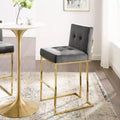 Tabouret de bar en velours de performance en acier inoxydable Privy Or/Charbon - Modway : Assise carrée rembourrée, design moderne, hauteur fixe