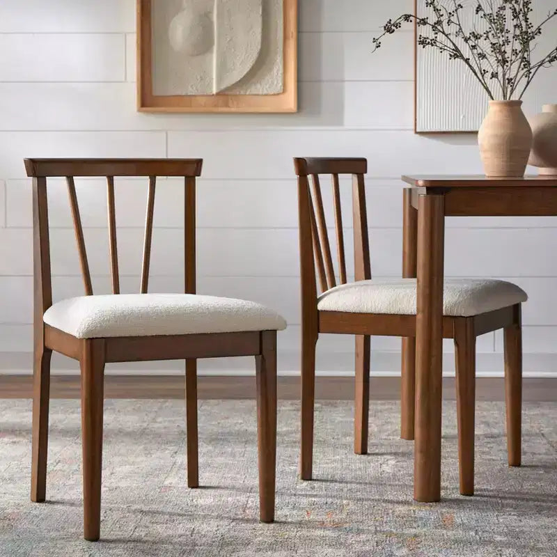 Lot de 2 chaises de salle à manger modernes rembourrées à balustres, tissu lin beige, pieds noyer