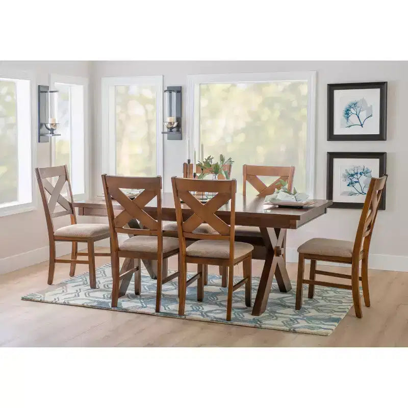 Table de salle à manger style ferme, Noisette foncée, Extensible 183-229 cm, 6-8 places, Piètement à tréteaux en X