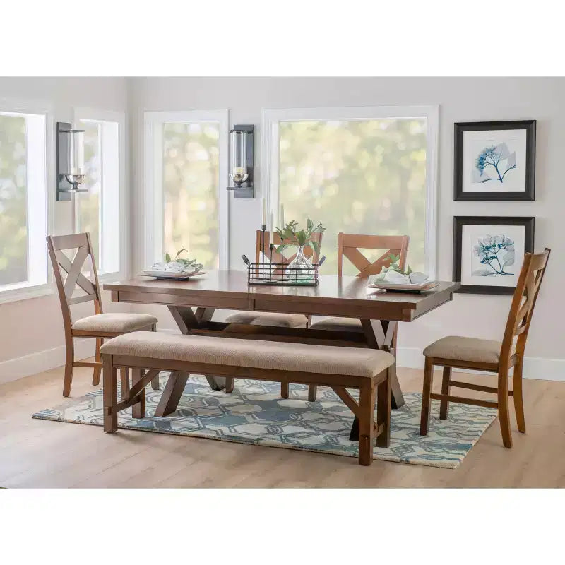 Table de salle à manger style ferme, Noisette foncée, Extensible 183-229 cm, 6-8 places, Piètement à tréteaux en X