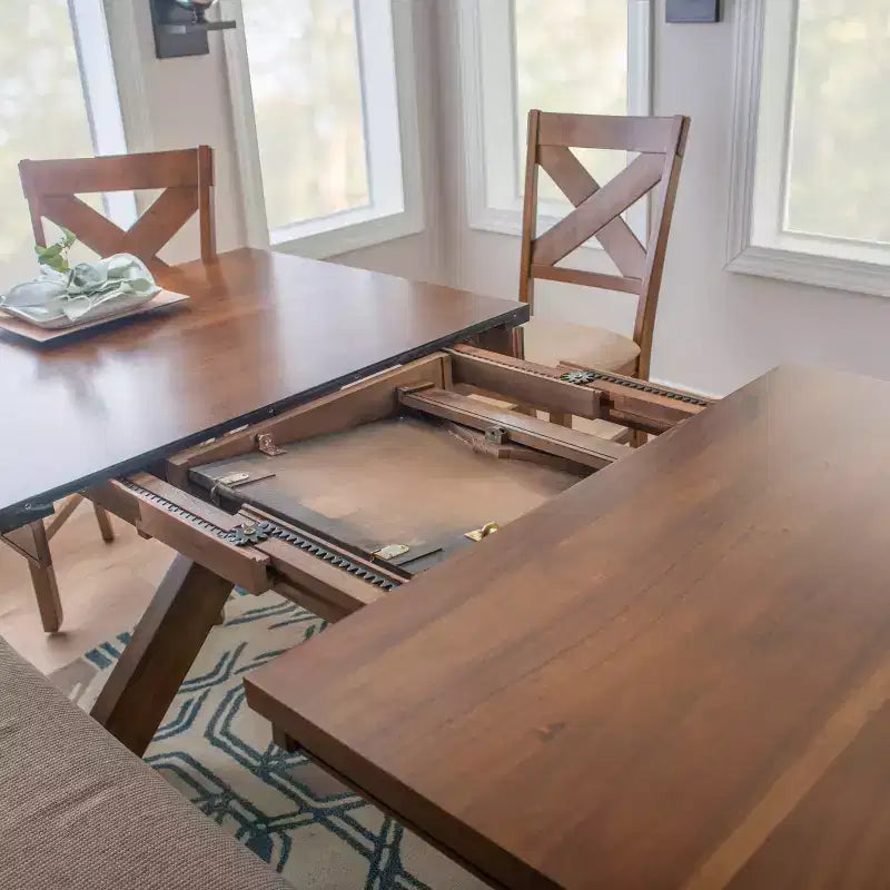 Table de salle à manger style ferme, Noisette foncée, Extensible 183-229 cm, 6-8 places, Piètement à tréteaux en X