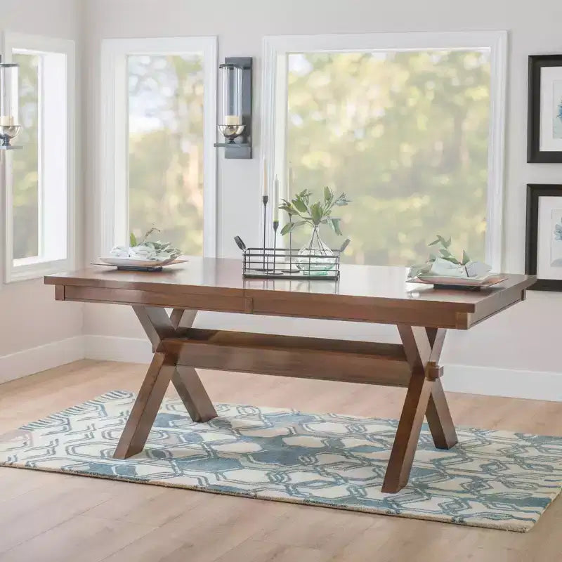 Table de salle à manger style ferme, Noisette foncée, Extensible 183-229 cm, 6-8 places, Piètement à tréteaux en X