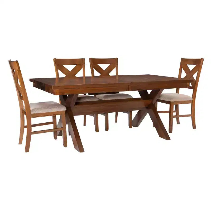 Table de salle à manger style ferme, Noisette foncée, Extensible 183-229 cm, 6-8 places, Piètement à tréteaux en X