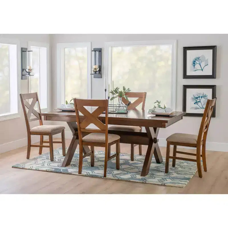 Table de salle à manger style ferme, Noisette foncée, Extensible 183-229 cm, 6-8 places, Piètement à tréteaux en X