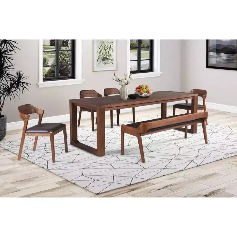 Ensemble de salle à manger extensible Rasmus 6 pièces Châtaigne - Boraam : Bois d'acacia, chaises en similicuir, banc inclus