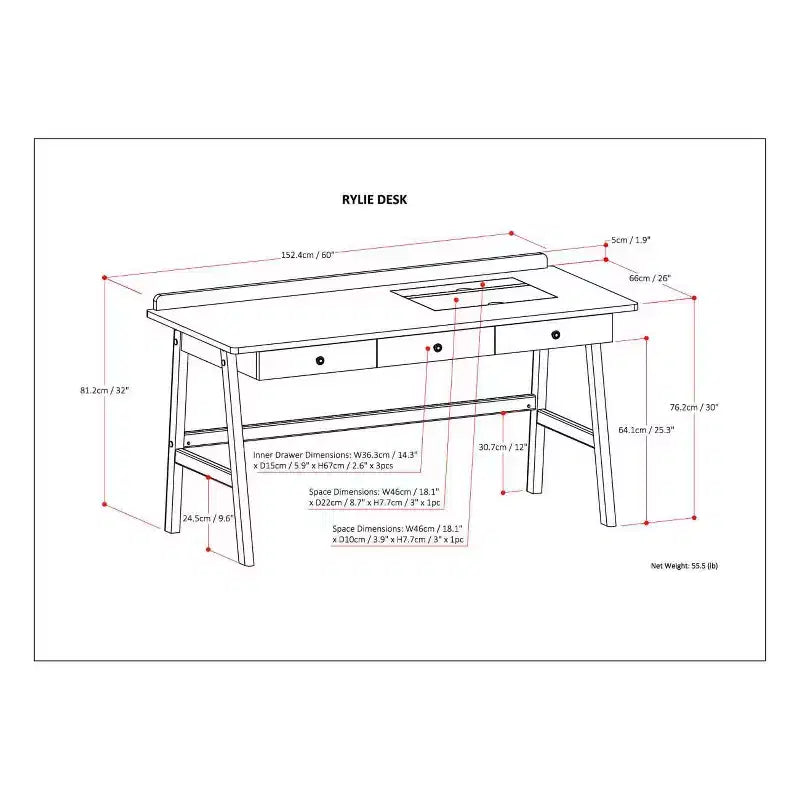 Bureau Lisa 60 po brun vieilli naturel - WyndenHall : Design contemporain, port USB, 3 tiroirs, quincaillerie en bronze