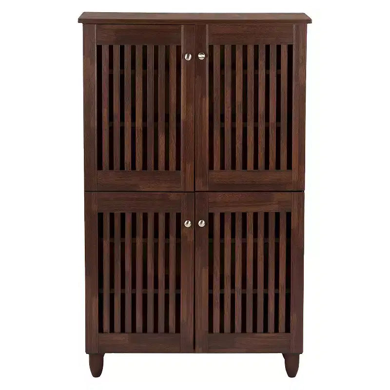 4-Door Tall Shoe Storage Cabinet, Oak Brown, Holds 18 Pairs, Magnetic Close, 48H