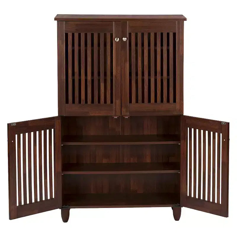 Meuble de rangement pour chaussures haut à 4 portes, chêne brun, peut contenir 18 paires, fermeture magnétique, 48H