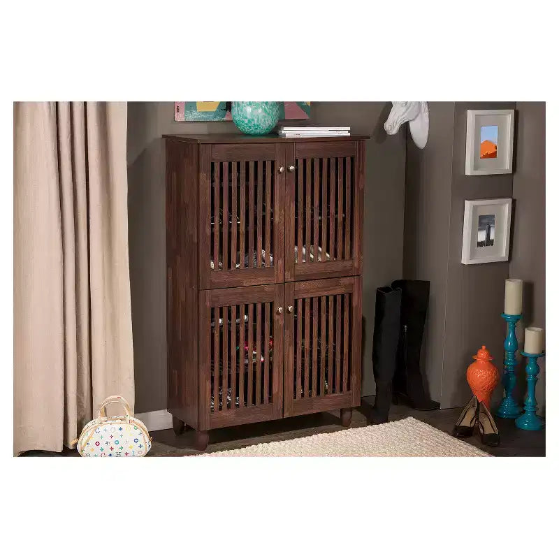 4-Door Tall Shoe Storage Cabinet, Oak Brown, Holds 18 Pairs, Magnetic Close, 48H