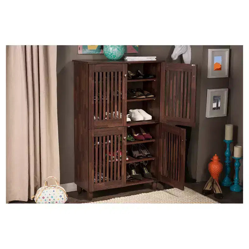 Meuble de rangement pour chaussures haut à 4 portes, chêne brun, peut contenir 18 paires, fermeture magnétique, 48H
